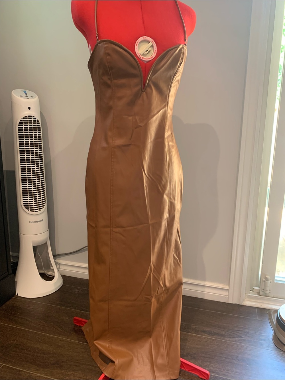 Sleek Brown Faux-Leather Strapless Evening Dress